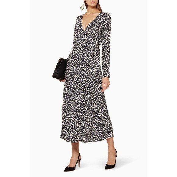 Ganni Roseburg Floral Print Crepe Midi Maxi Wrap V Neck Long Sleeve Dress 34 US4